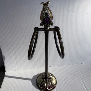 Vtg Ornate Bejeweled Tulip Top Double Ring Hand Towel Holder BronzeFinish14.5”H - Picture 1 of 11
