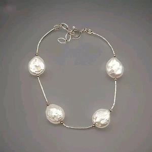 Sterling Silver White Coin Pearl Bracelet with liquid silver beads 7” + 1" - Picture 1 of 5