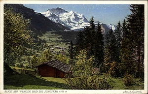 Wengen Kanton Bern Schweiz Color AK ~1920/30 Blick auf die Jungfrau ungelaufen - Picture 1 of 2