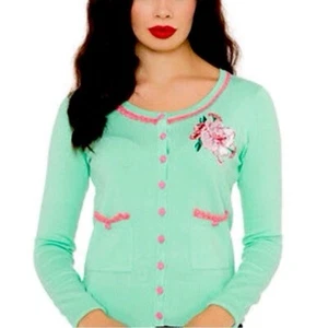 Voodoo Vixen Seafoam Mint Green Pink Rose Buttons Cardigan Sweater Eleanor Small - Picture 1 of 18