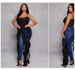 Plus Size Women's Sexy Black Tank Top SIZE 2X Spaghetti Straps Sheer Fringe: New - Picture 1 of 7
