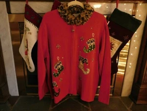 Vintage Erbstück Sammlerstücke Weihnachten rot Cardigan Applikation Pullover Fellausschnitt 2X - Bild 1 von 12