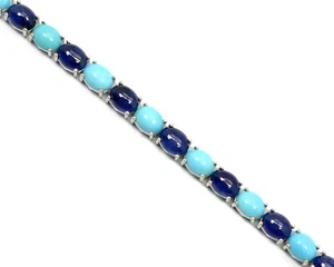 Natural Sapphire & Turquoise Cabochon Gemstone 925 Sterling Silver Bracelet - Picture 1 of 4
