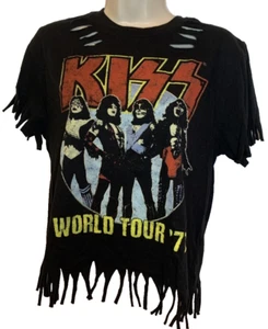 Kiss Band Sz M T Shirt World Tour 77 Distressed Hair Band Womens 80's S170 - Picture 1 of 5