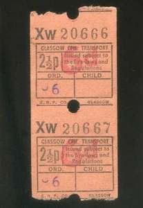 GLASGOW PUBLIC TRANSPORT Vintage 2.1/2p / 6d CHILD TICKET #20666-67 - Picture 1 of 2