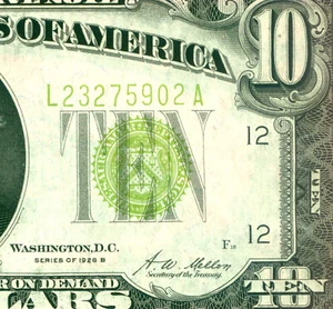 1928 B 10 Dollars ( Light green ) World paper money currency banknotes "GOLD" - Picture 1 of 4