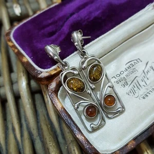 Vintage 925 Sterling Silver Earrings, Natural Baltic Amber Dangle Earrings - Picture 1 of 6