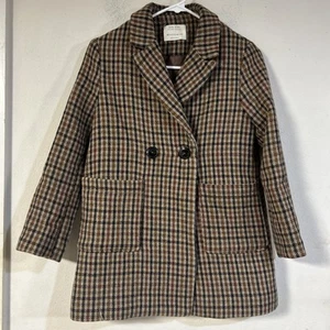 Zara Girls Brown Plaid Wool Blend Pea Coat Size 11-12 - Picture 1 of 6