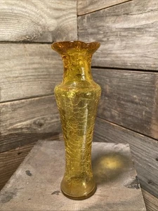 * Blenko Amber Yellow Gold Crackle Glass Vase Ruffled Rim 7" Pinched Bud Cruet - Picture 1 of 4