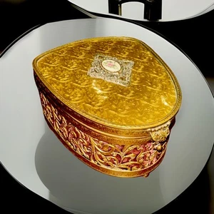 Antike vergoldete Ormolu filigrane Schmuckschatulle mit Fuß viktorianisch Samt gefüttert - Bild 1 von 10