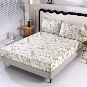 3PCS Leaves Floral Queen Fitted Sheet Set, 1 Fitted Sheet and 2 Pillowcase, E... - Picture 1 of 5