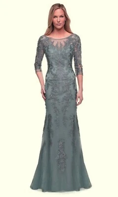La Femme Slate Blue Shimmer Floral Lace Sheath Gown Size 8 $619 - Image 1 of 3