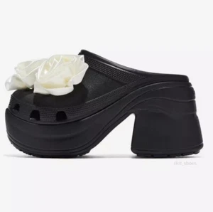 Crocs Siren Rosette Clog Women’s Size 7 Black White Flower Heels 210367 NWT - Picture 1 of 6