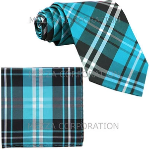 New Men's plaid checkered Neck Tie Necktie & hankie set turquoise blue wedding - Picture 1 of 3