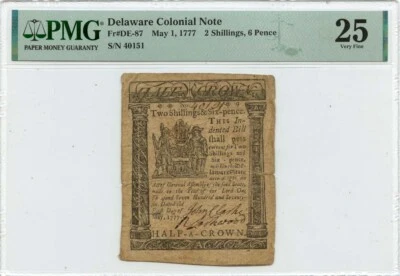 1777 May 1, 2s6d Delaware Colonial Note FR#DE-87 PMG VF25 - Image 1 of 2