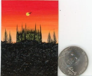 ORIGINAL 2x1.5 Acrylic Miniature Halloween Mini Gothic Castle Art Painting HYMES - Picture 1 of 1