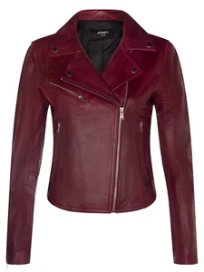 Ladies Leather Biker Jacket Classic Burgundy Red Real Lamb Nappa Gothic Jacket - Picture 1 of 4