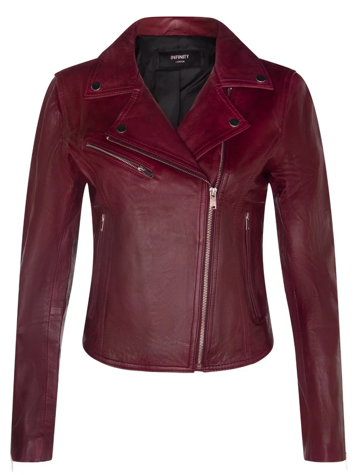 INFINITY LEATHER Chaqueta de motociclista de cuero clásica roja borgoña napa cordero real chaqueta gótica para dama