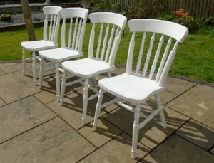 Set of 4 White Painted Spindle Back Country Kitchen Dining Chairs Pine Beech - Picture 1 of 17
