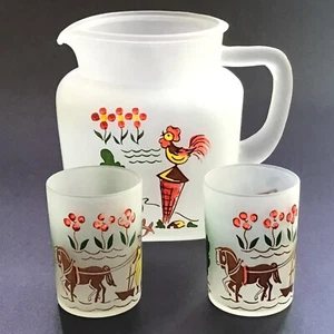 VTG Frosted Glass Pitcher w Pair of Juice Glasses Hazel Atlas Farmhouse Country - Picture 1 of 14