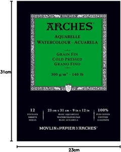 Arches Blocco Carta Acquerello Cotone 300 GSM Pressato a Freddo Bianco Naturale 23X31Cm - Foto 1 di 12