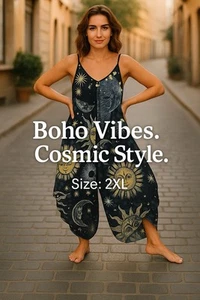 Plus Size Boho Jumpsuit 2XL – Sun & Moon Print Spaghetti Strap Flowy Stretchy - Imagen 1 de 4