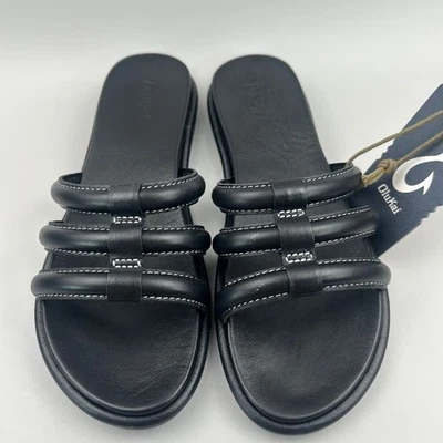 Sandalias sin cordones OluKai Tiare Slide para mujer talla 8 de cuero negro 20514-4040 NUEVAS Foto 1 de 4