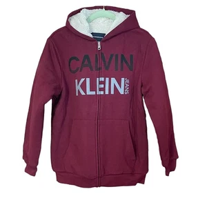Calvin Klein Jeans Logo Kids Front Zip Hooded Sweatshirt in Burgundy L 14/16 NWT - Picture 1 of 5