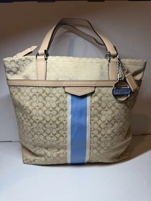 Bolso de Mano Coach Tote F27008 Signature Rayas Azul Lona Cuero Borde Foto 1 de 4