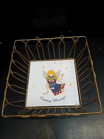 Wire Gold Painted Metal basket Ceramic Tile Angel “Country blessings” Farm decor Cover