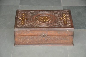 Portagioie artigianale grande inciso in legno fine intarsiato vintage - Foto 1 di 10