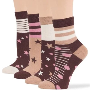 Women Diabetic Cotton Pattern Sock Quarter 4 Pairs Large 10-12 Brown Beige Ecru - Picture 1 of 13