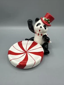 Fitz & Floyd Christmas Panda Bear Tealight Trinket Tray Hand painted Japan - Picture 1 of 9