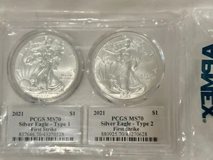 *New 2021 Type 1 and Type 2 Silver Eagle - PCGS MS70 First Strike sealed wrapper - Picture 1 of 2