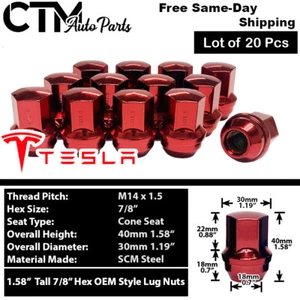 20PC RED TESLA MODEL 3 MODEL X MODEL S MODEL Y LUG NUT FIT M14x1.5 STOCK WHEEL - Picture 1 of 3