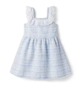 Janie and Jack Girls Size 6 Columbo Blue Eyelet Trim White Boucle Tweed Dress - Picture 1 of 9