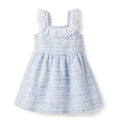 Vestido Janie and Jack Niñas Talla 6 Columbo Azul Borde de Ojales Blanco Boucle Tweed Foto 1 de 4