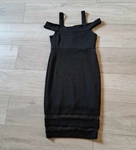 River Island Black Stretch Ribbed Dress Cold Shoulder Bodycon Evening Party UK8 - Picture 1 of 18
