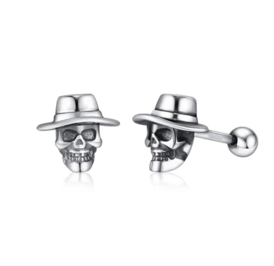 Pendientes Calavera Vaquera Tibetana Plata con Sombrero Rock Punk Gótico Tornillo Trasero PE65 Foto 1 de 3