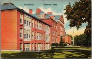 WALTHAM, Massachusetts Postcard "HIGH SCHOOL" Building View Linen c1940s Unused - Picture 1 of 2