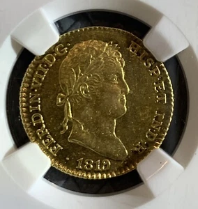 1819/8 M GJ SPAIN 2 ESCUDO GOLD COIN NGC AU58 - Picture 1 of 4
