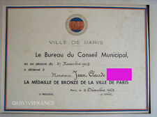 DIPLOME MEDAILLE DE BRONZE VILLE DE PARIS 1963