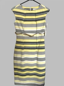 Calvin Klein Neu mit Etikett Damen Kleid Gr. 2 gelb grau weiß gestreift Gürtel gefüttert Etui - Bild 1 von 5