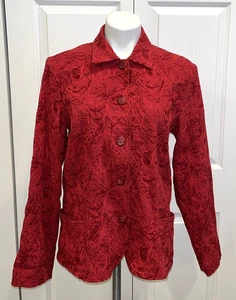 Coldwater Creek Floral Embossed Jacket Button Collared Holiday Red Gr. M - Bild 1 von 7