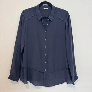 Poetry Navy Blue Silk Button Down Long Sleeve Blouse Size 12 - Picture 1 of 9