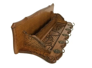 Vintage Coat Hat Rack Kitchen Hallway carved wood ornate 5 hooks  - Picture 1 of 10