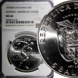 Panama Silver 1970 FM 5 Balboas NGC MS66 Central American Games KM#28 (018) - Picture 1 of 5