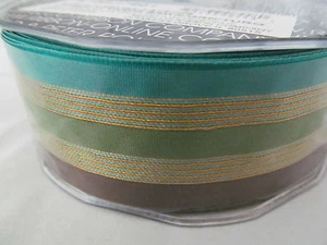 New 1.5"x 27 Yards Ampelco Ribbon French Wired Brown Turquoise Green Gold Stripe - Picture 1 of 2