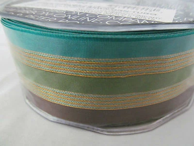 New 1.5"x 27 Yards Ampelco Ribbon French Wired Brown Turquoise Green Gold Stripe - Image 1 of 2