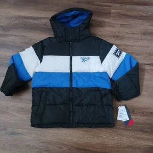 REEBOK COLORBLOCK HOODED PUFFER COAT BLUE FLEECE KIDS SIZE 8 NWT $85 - Picture 1 of 8